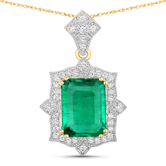 IGI Certified 5.59 ct Zambian Emerald and White Diamond 18K Yellow Gold Pendant