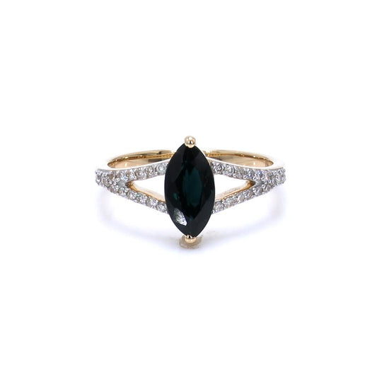1.50 Carat Genuine Blue Sapphire and White Diamond 14K Yellow Gold Ring